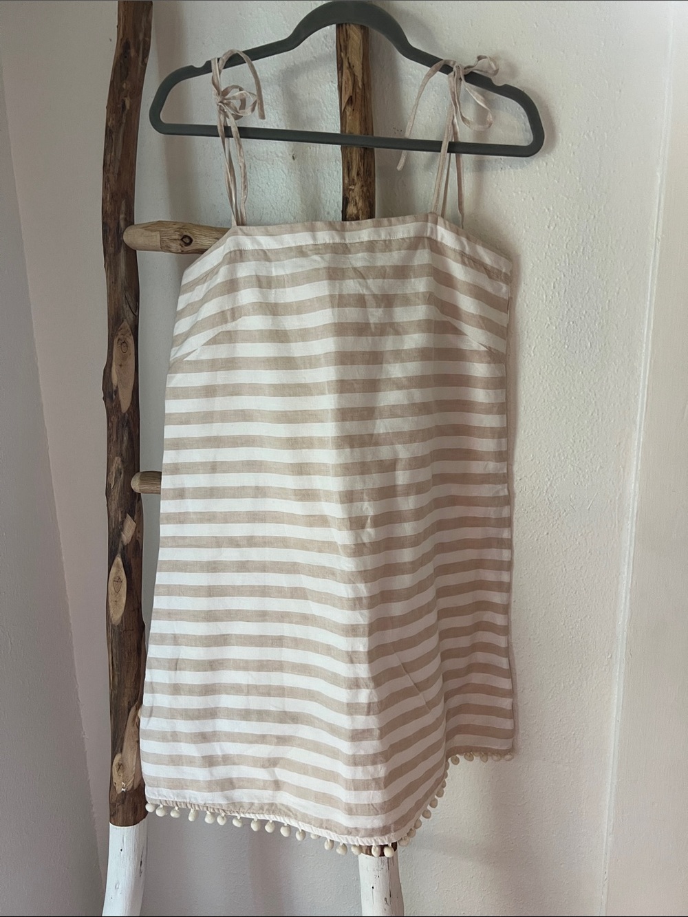 J. Crew Tan Khaki and White Striped Tie-Shoulder Linen Mini Dress Small